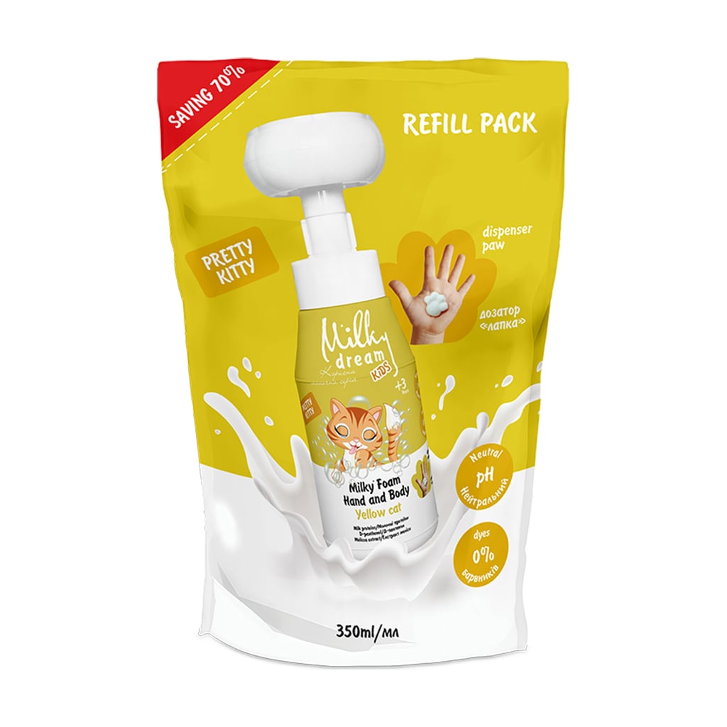 Дитяча очищувальна пінка для рук та тіла Milky Dream Kids Milky Foam Hand And Body Yellow Cat Жовта кішечка, 350 мл (дойпак)